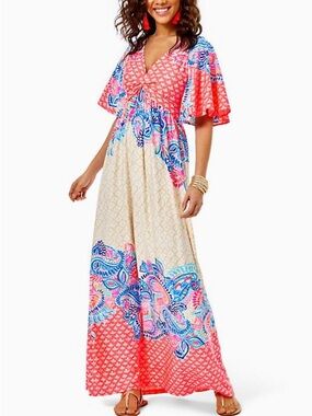 Lilly Pulitzer Minka Maxi Dress Coral Spritz Beach Bungalow Colorway- peach blue